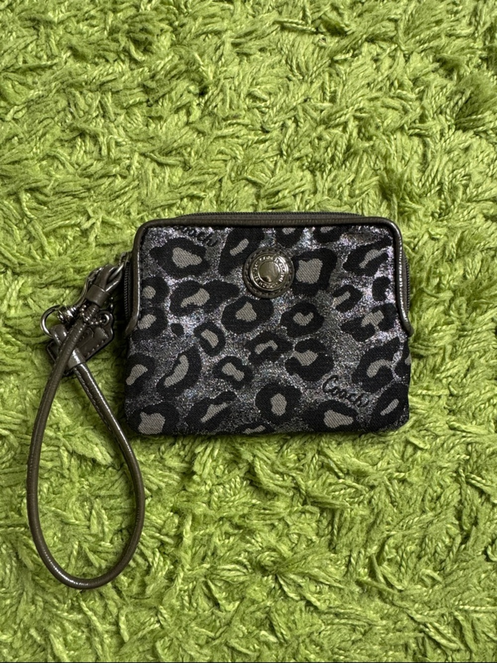Coach Black and Gray Leopard Print Wristlet Wallet